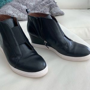 Black leather bootie wedges